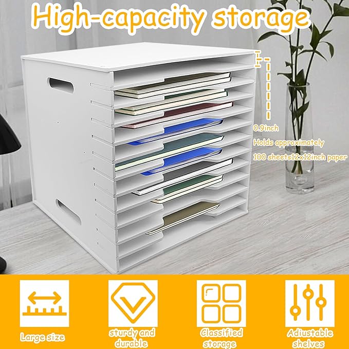 12 Tier Scrapbook Paper Organizer - 13" x 13" Scrapbook Paper Organizer Storage, Desk File Sorter Storage Craft & Stamp Cardstock Storage Rack for Home Office & Classrooms