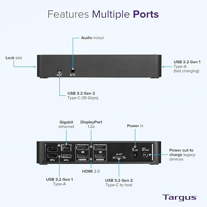 Targus USB C Docking Station Universal DV4K, USB C Laptop Docking Station Dual Monitor 2 HDMI, with Legacy Host Power Kit, Works w/Operating Systems Like Windows, Mac, Android, iOS (DOCK192USZ)