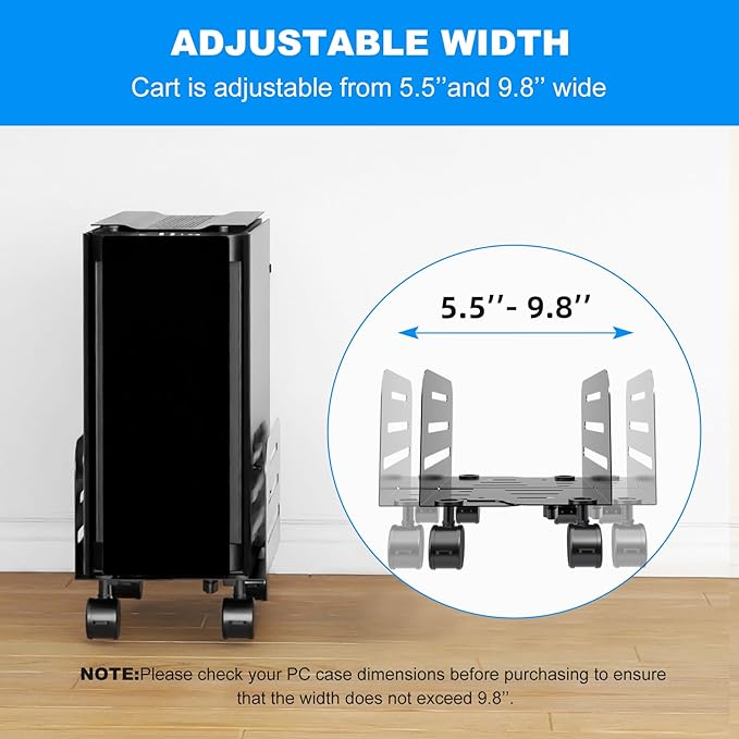 suptek Computer Tower Stand,Mobile CPU Rolling Stand, 5.5 to 9.8 inch Wide Adjustable Mobile Cart Holder with Locking Caster Wheels,Gaming PC Holder,Steel Rolling Cart,Black(ZJJ005)