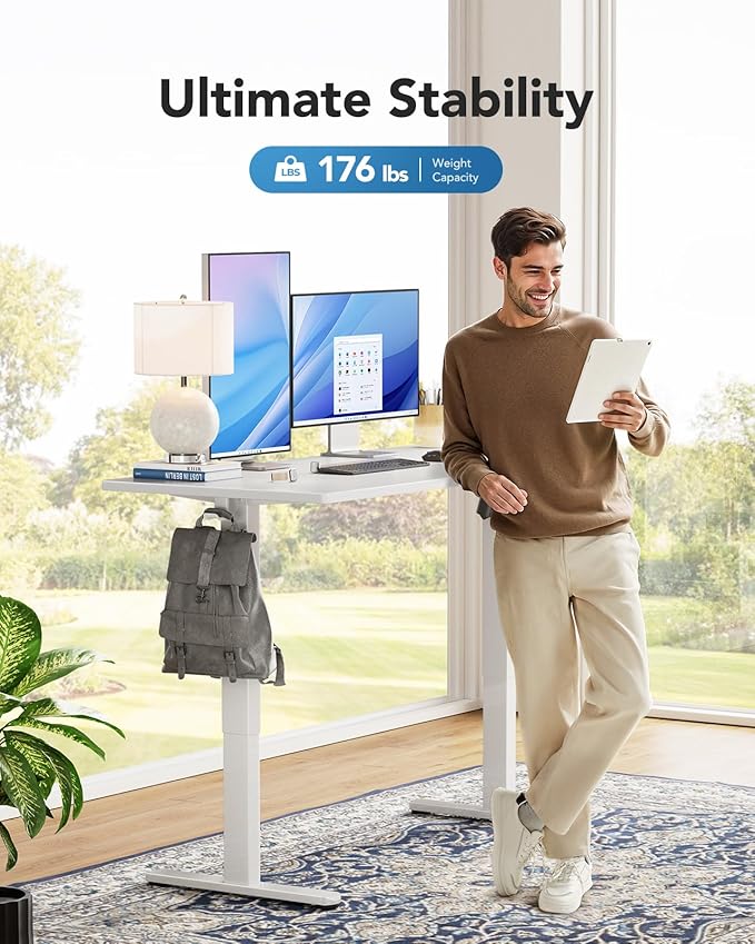HUANUO Electric Standing Desk, Whole Piece Desktop, Adjustable Height Computer Desk, 4 Height Memory Settings, Sit Stand Up Desk for Home Office, 48" x 24", White