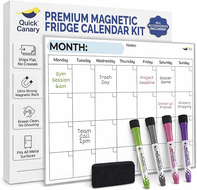 Monthly Magnetic Calendar for Refrigerator - 17x12” Stain-Resistant Dry Erase Fridge Calendar Whiteboard with Large Writing Space for Schedules, Chores & Meals - With 4 Markers & Eraser - Monday Start