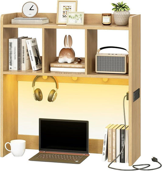 HOOBRO Desktop Bookshelf, Office Desktop Shelf, Desk Hutch with Outlets, Wooden Office Desktop Bookcase, Desktop Organizer Shelf with LED Light Strip and 3 Hooks, for Home, Study, Natural NL12UDSJ01