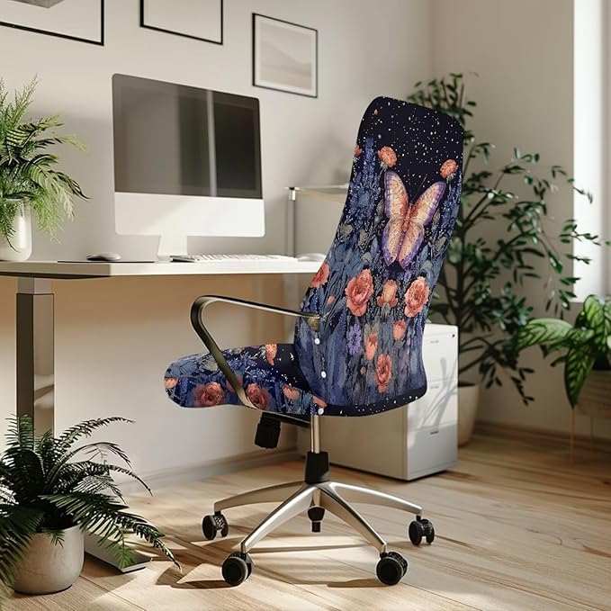 Talayituse Butterfly Rose Flower Print Office Chair Covers, Stretch Computer Chair Cover, Universal Boss Chair Covers Modern Simplism Style High Back Chair Slipcover, Small