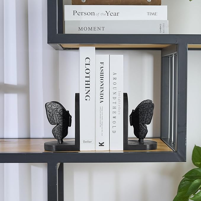 Black Butterfly Book Ends for Shelves, Butterflies Statue Decorative Bookends for Heavy Books, Resin Book Ends with Non-Slip Felt Base for Home Farmhouse Shelves Office Lover Gift