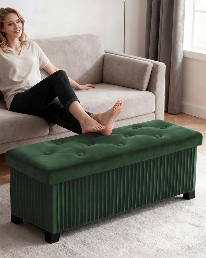LITZFUR Storage Ottoman Bench, 43 Inch Foldable Ottoman with Legs, Velvet Foot Rest Stool, End of Bed Bench, Storage Chest for Living Room, Bedroom, Green
