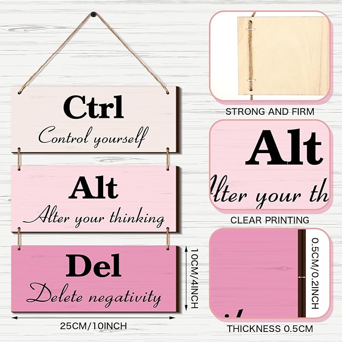 Qunclay 3 Pcs Office Wall Decor Pink Wood Rustic Hanging Cubicle Decor Summer Inspirational Ctrl Alt Del Sign Decoration for Bathroom Indoor Home Living Room