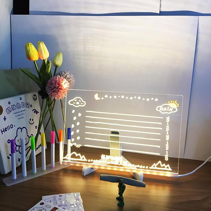 Acrylic Dry Erase Board with Light 12 * 8”, LED Note Board with Colors, as a Glow Memo LED Letter Message Board Note Glass Led Board White Board with 7 Colors Pen