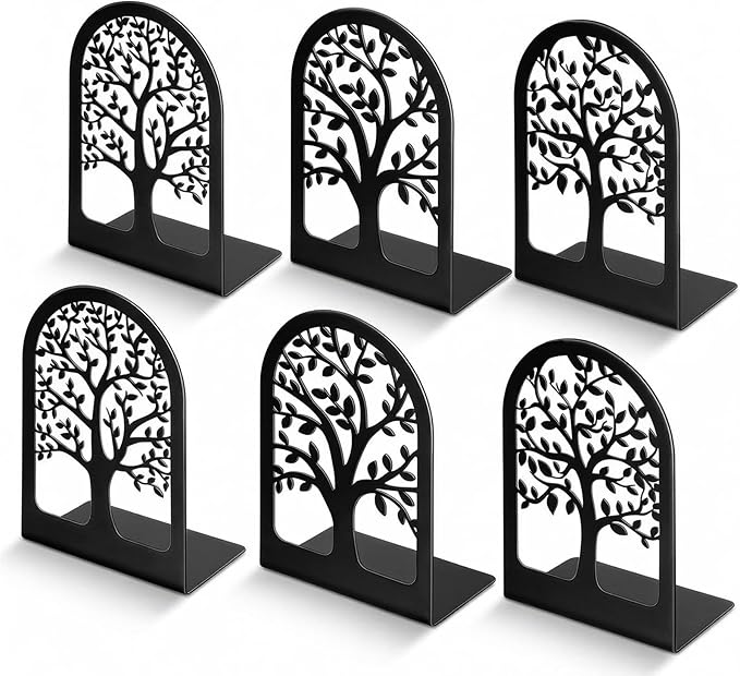 HappyHapi Book Ends, Metal Bookends for Shelves Decorative, Tree Stopper for Heavy Books, Black Ends to Hold Books for Home Office, 6.5 X 4.7 X 3.5 Inch(3 Pairs/6 Pcs, Large)