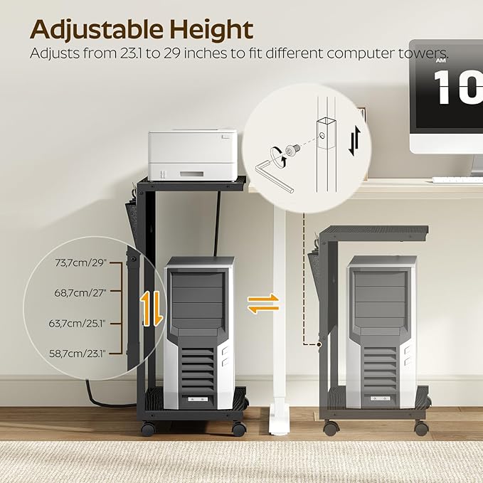YATINEY PC Stand, Computer Tower Stand with Charging Station, Height Adjustable PC Tower Stand for Floor, 2 Tier Computer Cart On Wheels, 23.1" -29" H,19.7" L x 11" W, for Home Office, Black CJ60BB