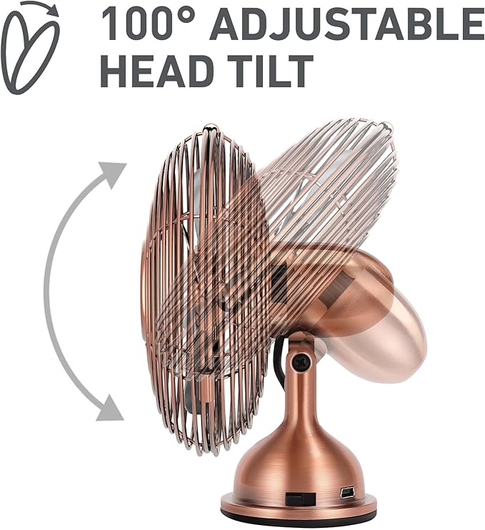 HOLMES 4" Mini Heritage Desk Fan, USB-Powered, Single Speed, 4 Blades, Adjustable 100° Head Tilt, Metal Construction, Ideal for Home, Dorm Rooms, Bedrooms, Office or Travel, Vintage Brushed Copper