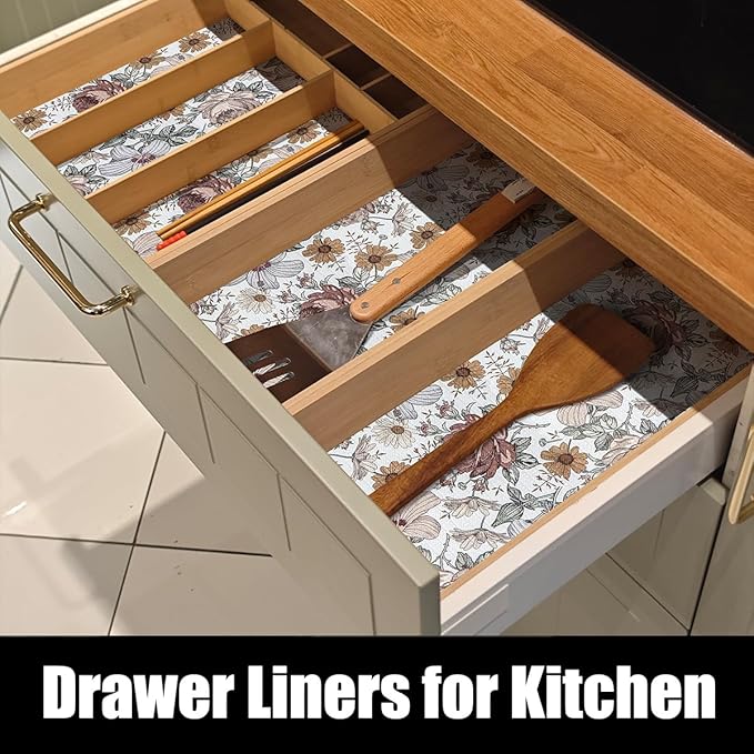 Floral Drawer Shelf Liners, 16IN x 20FT Non Adhesive and Strong Non-Slip Cabinet Drawer Shelf Liners for Kitchen Wire Fridge, Waterproof Shelf Liner,Easy to Clean