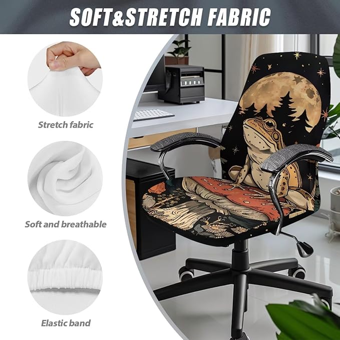 Talayituse Frog Mushroom Moon Star Print Office Chair Cover, Universal Removable Desk Chair Cover Washable Anti-Dust Stretch Computer Chair Slipcovers, S