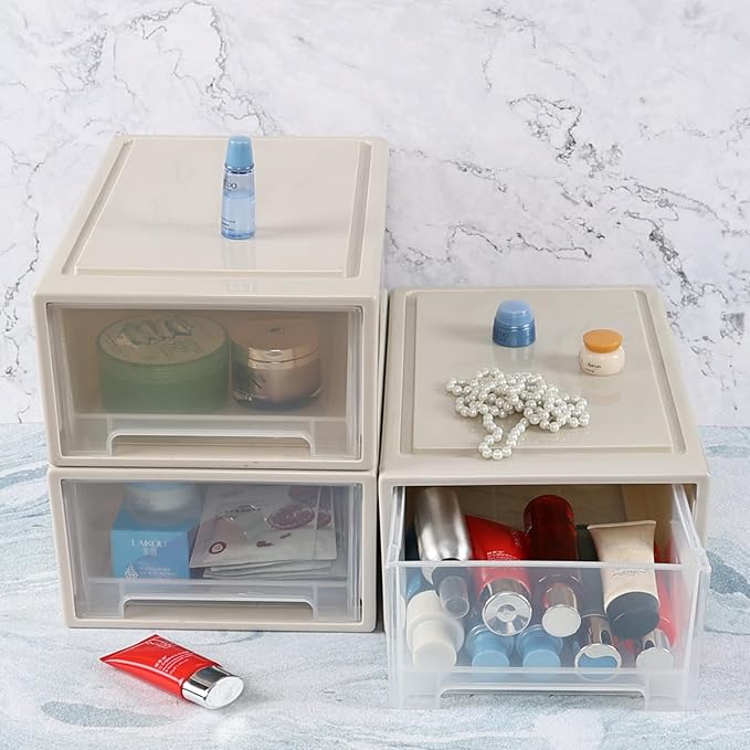 12 Quart Plastic Desktop Storage Drawers, 4-Pack Stacking Drawer Unit
