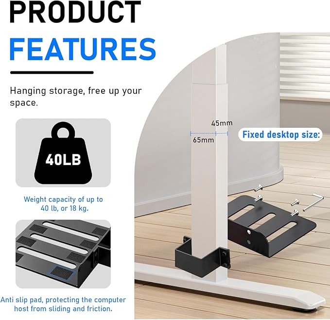 Ultra-Stable No-Drill Under Desk PC Mount - 40 lb Capacity Computer Holder, Adjustable Height & Width, Clamp-On CPU Caddy for Standing Desks (Fits 65mm x 45mm Legs)