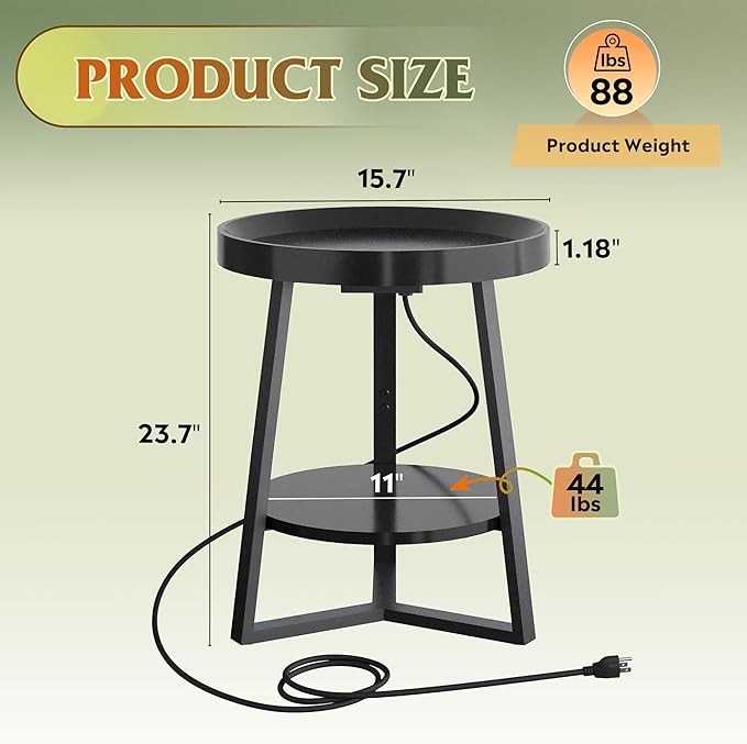 WLIVE Small Round Side Table with Charging Station, Round Coffee Table, 2 Tier End Table for Living Room/Bedroom, Sofa Couch, Easy to Assemble, Wood Tabletop & Metal Frame, Black