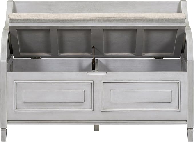 SOFTSEA 41.9" Storage Bench with Back, Entryway Shoe Bench with Cushion & Lift Top Storage, Rustic Shoe Storage Cabinet with Cushioned Seat for Entryway, Bedroom, Living Room (Grey Wash)