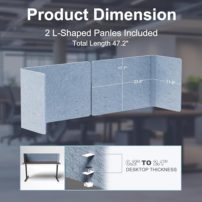 Desk Privacy Panel,2PCS L-Shaped Clamp-On Office Desk Divider,2-in-1 Adjustable Acoustic Desktop Partition Or Under Desk Modesty Panel,for Office,Home,Felt(Blue, 47.2" x 17.7")