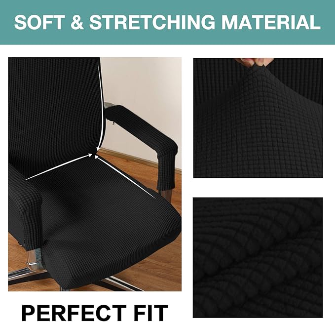 Turquoize Stretchable Chair Cover for Computer Chair, Large Office Chair Cover with Armrest Covers, Jacquard Boss Chair Cover, High Back, Washable, Large, Black