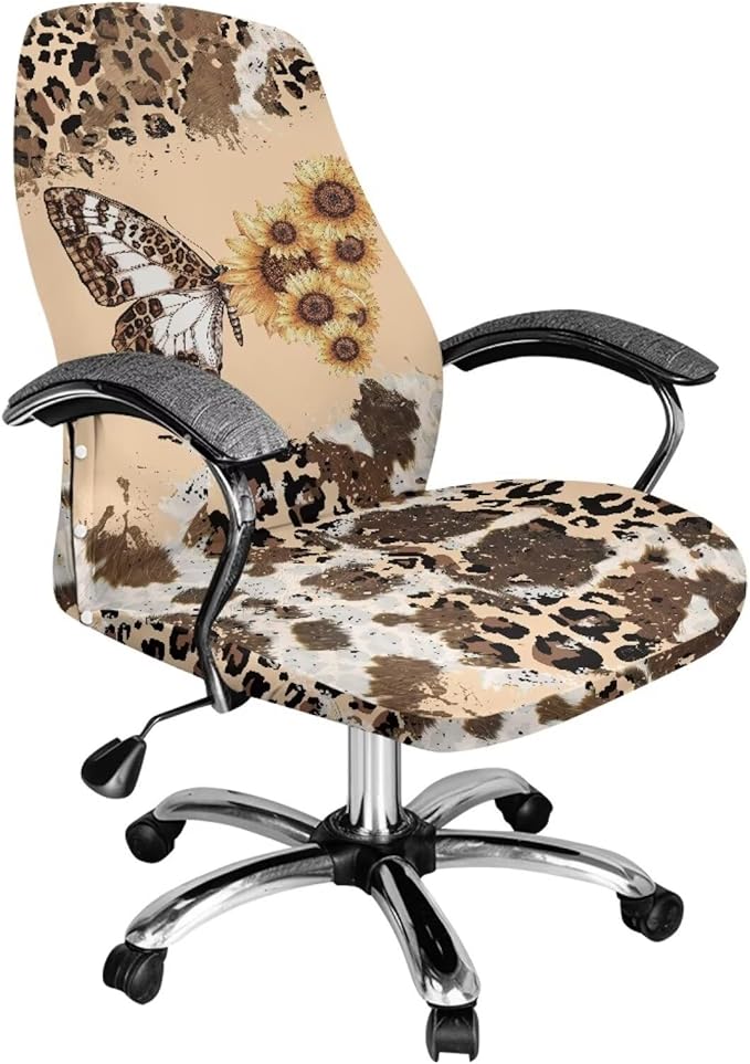 Talayituse Butterfly Sunflower Leopard Cow Print Office Chair Covers, Stretch Computer Chair Cover, Universal Boss Chair Covers Modern Simplism Style High Back Chair Slipcover, Small
