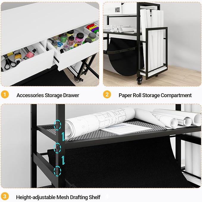 Wide Format Printer Stand with Laptop Station, Plotter Workbench Table with Pull-out Drafting Storage, Roll Paper Holder, Accessory Drawer & Adjustable Shelf for Plotters/Cutting Machines (White)