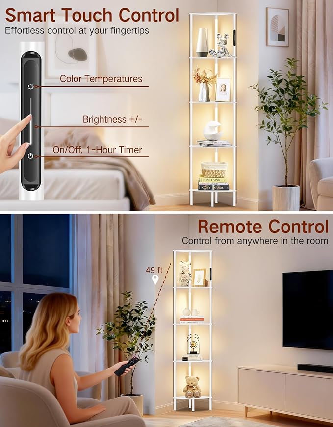 5-Tier Corner Bookshelf with LED Lights, Touch & Remote Control, 3 Color Temperatures, Dimmable Narrow Display Shelf with 1-Hour Timer for Living Room, Bedroom, Office(White)