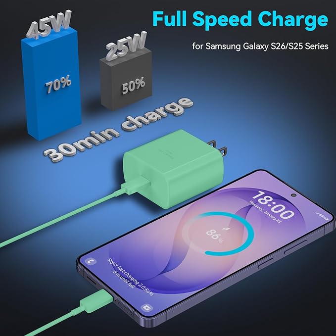 45W Super Fast Charger USB C Android Phone Type C Charger Fast Charging Block with 6.6FT Cord for Samsung Galaxy S26/S26 Ultra/S26+/S25 Ultra/S25/S24 Ultra/S24/S23 Ultra/S22/S21/S20/Note 10, Green