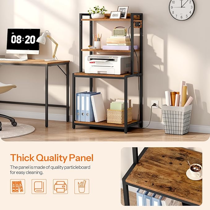 HOOBRO Printer Stand with Charging Station, 4-Tier Printer Table with Storage, Large Tall Printer Shelf, for Home Office, Kitchen, Living Room, Black and Rustic Brown BF13UPS01