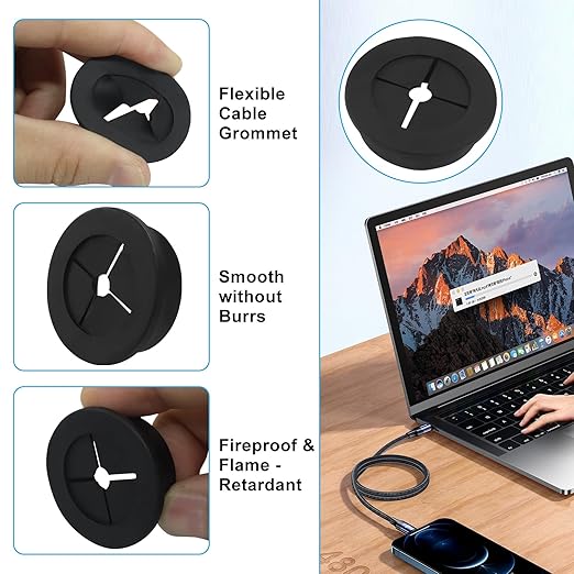 2 Pcs 1-1/4 Inch (32mm) Cable Grommet, Flexible Rubber Wire Hole Cover Pass Through for Office Computer Desk, Cabinet & Furniture Wire Organizer, Black