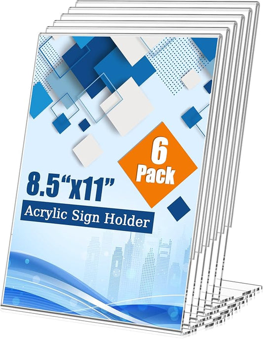 6 Pack 8.5x11 Inch Acrylic Sign Holder Clear Plastic Table Paper Display Stand L-Shape Vertical Menu Holder Stand Picture Photo Flyer Display Stand for Desktop Flyers, Documents, Office, Restaurants