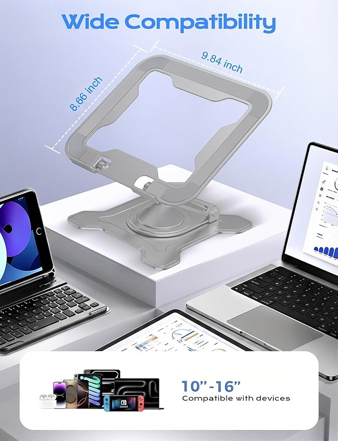 JCZT Adjustable Laptop Stand for Desk, 360° Rotating Base Ergonomic Computer Stand, Laptop Riser Foldable Protable for Office Home Fits Compatible with MacBook Pro/Air Notebook up to 10-16" Gray