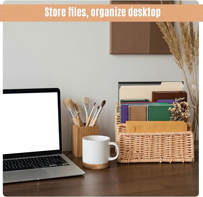 Small Rattan Mail Organizer for Desk Mail Holder Countertop with 3 Slot Rattan Letter Sorter File Holder Envelope Book Stand Farmhouse Office Desk Organizer and Storage Accessories