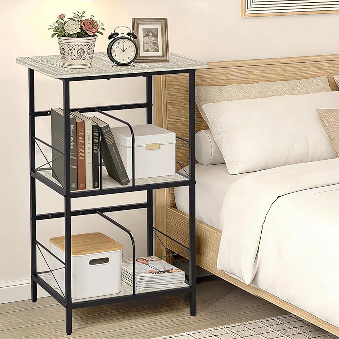Record Player Stand with 4 Adjustable Dividers, Vinyl Record Storage Holds 200 LPs, 3 Layer End Table, Multi-Functional Record Player Table for Home, Grey