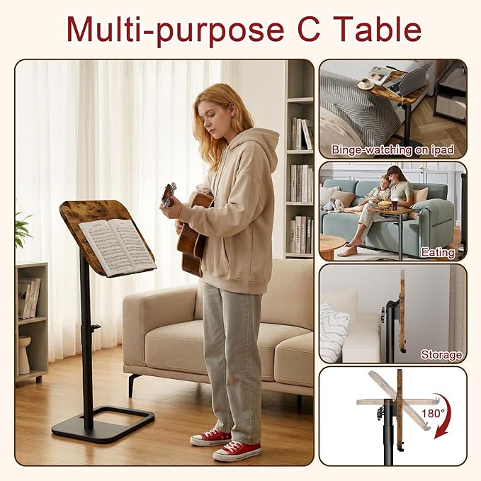 Tv Tray Table Adjustable Height Couch Side Table, Tilt Angle Adjustments-360° Swivel/180° Flip-Over Panel C-Shaped End Table With Tablet Slot, Computer Desk for Chair, Living Room (Rustic Brown)