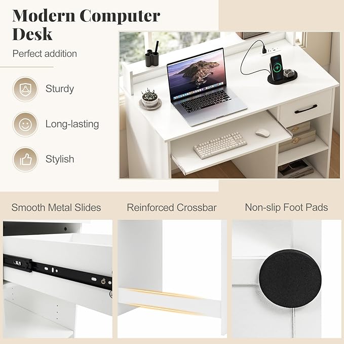 Giantex White Desk with Drawers, Modern Home Office Desk with Keyboard Tray, Monitor Stand & Adjustable Shelf, PC Laptop Table Computer Workstation, Study Writing Desk for Small Spaces, Bedroom