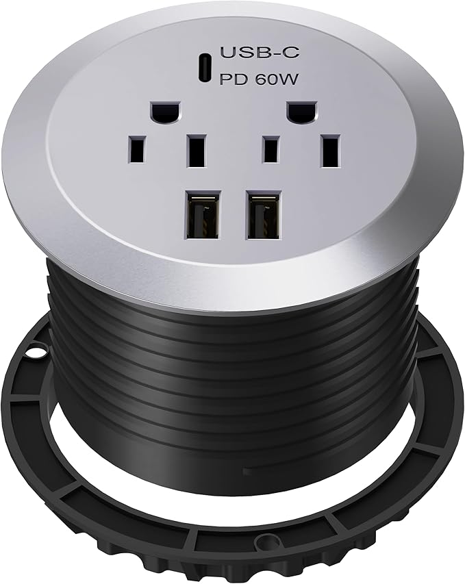 TOPGREENER Desktop Power Grommet with 60W PD for MacBook, GaN Desk Grommet with 1 Fast Charging USB-C Port, 2 USB-A Ports and Duplex Receptacles, TTRP48APD60-SV, Silver