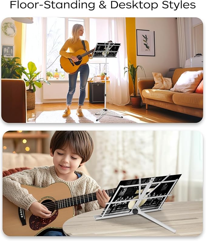 K KASONIC - Music Stand, 2 in 1 Dual-Use Folding Sheet Music & Desktop Book Stand, Portable, Lightweight with Music Sheet Clip Holder & Carrying Bag Suitable for Instrumental Performance, White