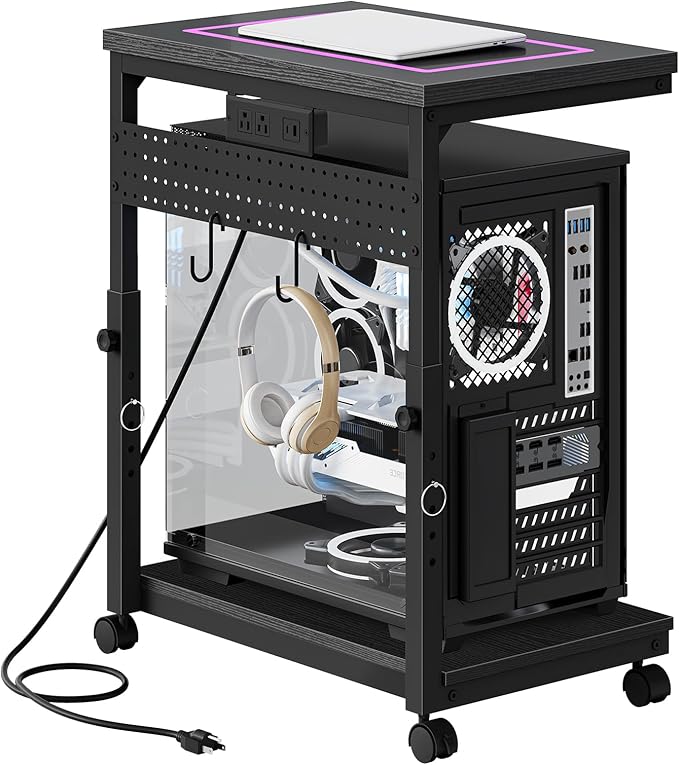 CHOEZON 31.5" Large Computer Tower Stand with Power Outlet, Under-Desk PC Cart with 2 Hooks, PC Stand with LED, Height Adjustable PC Tower Holder on Wheels, for Living Room, Office, Black TCJ51UDBB