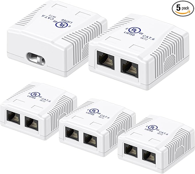 Cable Matters UL Listed Cat6 5-Pack RJ45 Surface Mount Box - 2 Port in White (Cat6 Ethernet Mount Box)