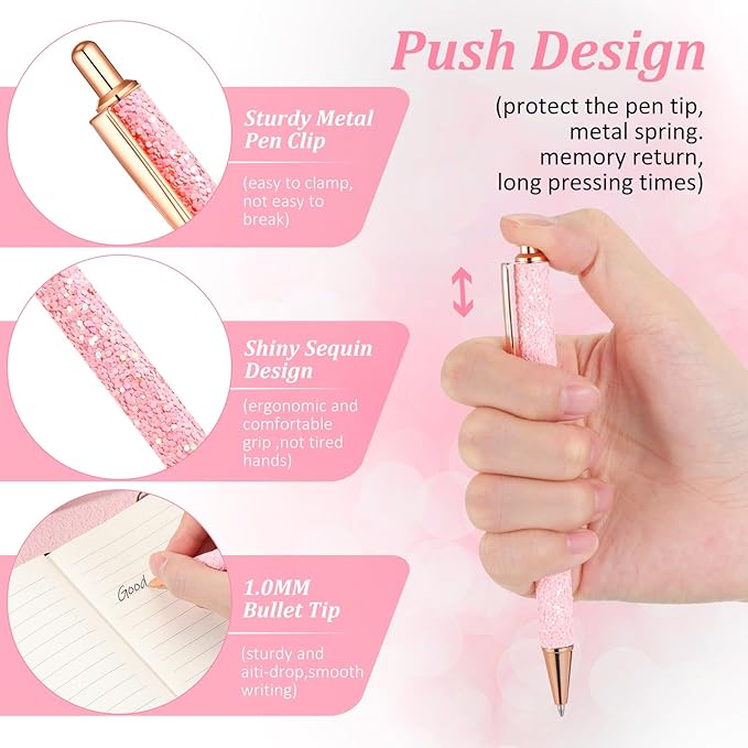 BBTO Bling Sequin Pen Holder with 6 Pcs Sequin Click Pens Cute Glitter Retractable Ballpoint Pens, Pencil Cups for Desk Organizer Makeup Brush Holder for Women Girls Classroom Offices(Light Pink)
