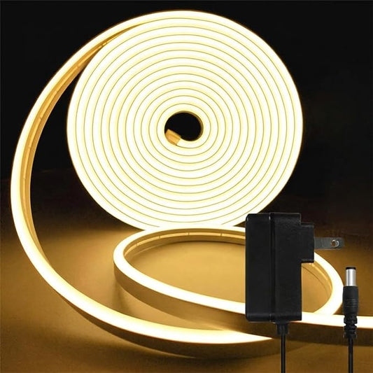 5M Neon LED Strip Light,12V Warm White Rope Lights with Plug, Waterproof Dimmable Flexible Bendable Silicone Lights for Bedroom TV Backlight Kitchen Cabinet Bathroom Ceiling Wall Indoor Outdoor Decor