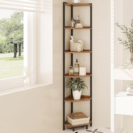 Hzuaneri Corner Shelf Stand, Corner Bookshelf, Storage Standing Shelf Unit with Metal Frame, Plant Stand, Bookcase for Living Room, Home Office, Bedroom, 6-Tier Rustic Brown CS06001B