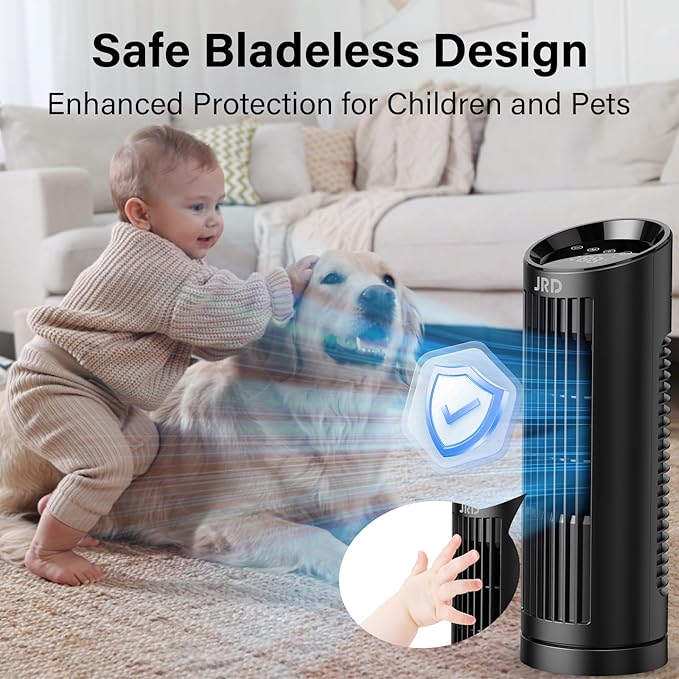 JRD 13'' Tower Fan for Bedroom, Quiet Cooling Desk Fan with Remote, 80° Oscillating, 3 Speed, 4 Mode, 12h Timer, Digital Touch Screen, Portable, Safe Bladeless Table Fan for Home Desktop Office