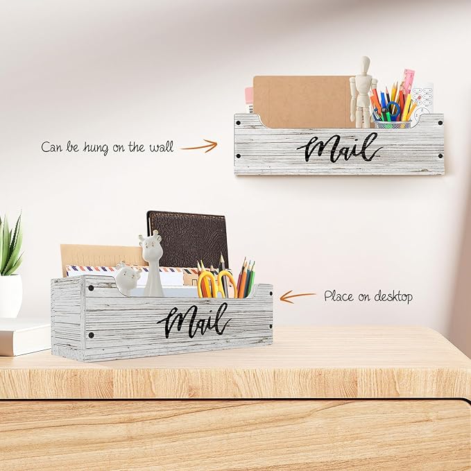 White Wooden Mail Organizer Countertop (Retro White+Black)