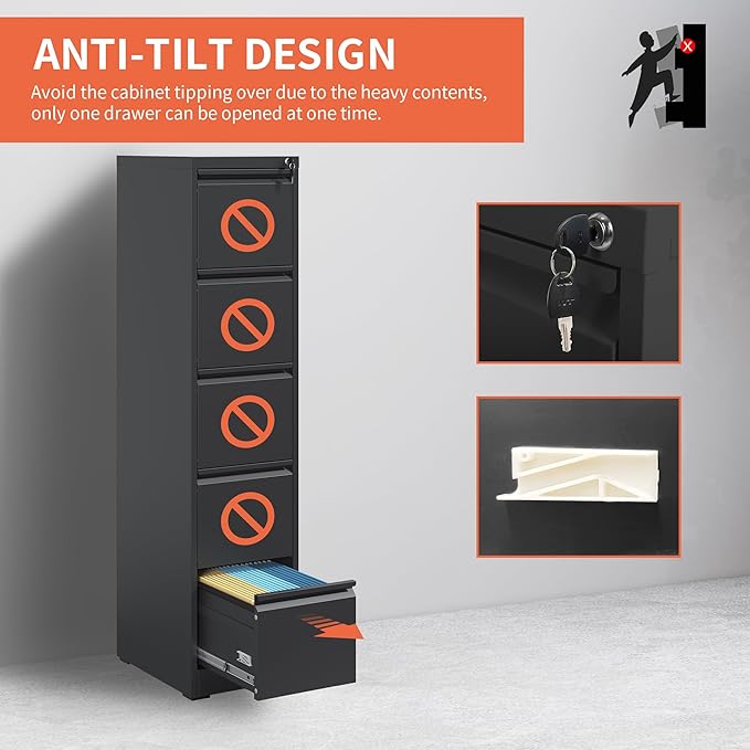 IKIMI 5 Drawer File Cabinet,Metal Filing Cabinets for Home Office,Vertical File Cabinet with Lock,Heavy Duty Metal Storage Cabinet for A4/Letter/Legal Size Files,Assembly Required