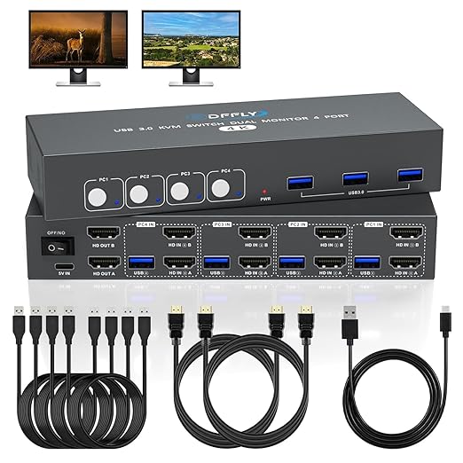 USB3.0 Switch HDMI Kvm Switch 4 Computers 2 Monitors with 3 USB Ports, 4K@60Hz for 4 Computers Sharing 2 Monitors and Keyboard Mouse, Supports Button Control, EDID Compatible