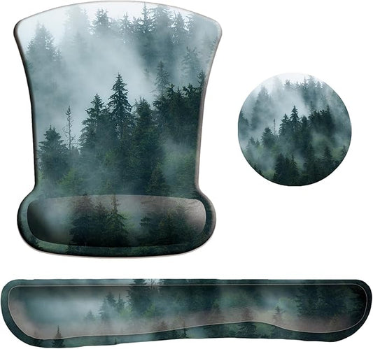 Keyboard Wrist Rest Pad Mouse Pad with Wrist Support Set of 3, Gaming Mousepad with Non-Slip Rubber Base, Ergonomic Memory Foam Mouse Cushion Support for Home Office Laptop Computer, Forest