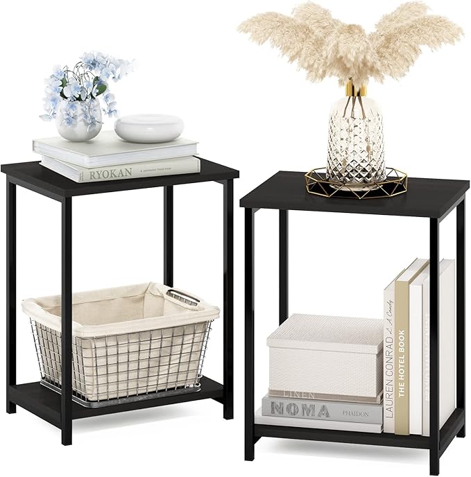 Furinno SIMPLISTIC Side Table Set of 2, 2-Tier Modern Metal Frame End Table with Open Shelf, Night Stand, Bedside Table, Easy Assembly, for Living Room, Bedroom, Espresso