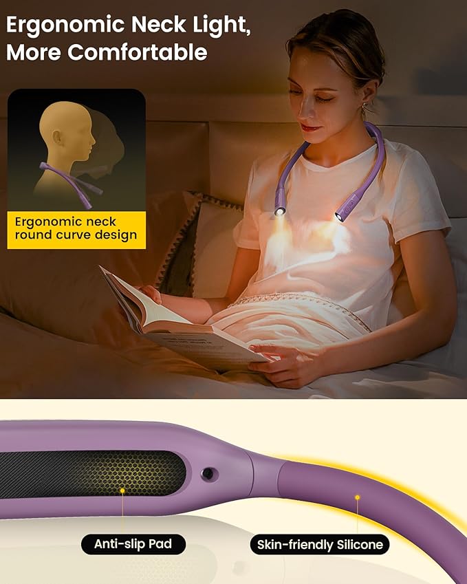 Glocusent Lightweight Neck Light,1200mAh Rechargeable Book Light for Reading in Bed, Eye-Caring with 5 Colors & 5 Brightness Adjustable, Neck Reading Light for Book Lovers