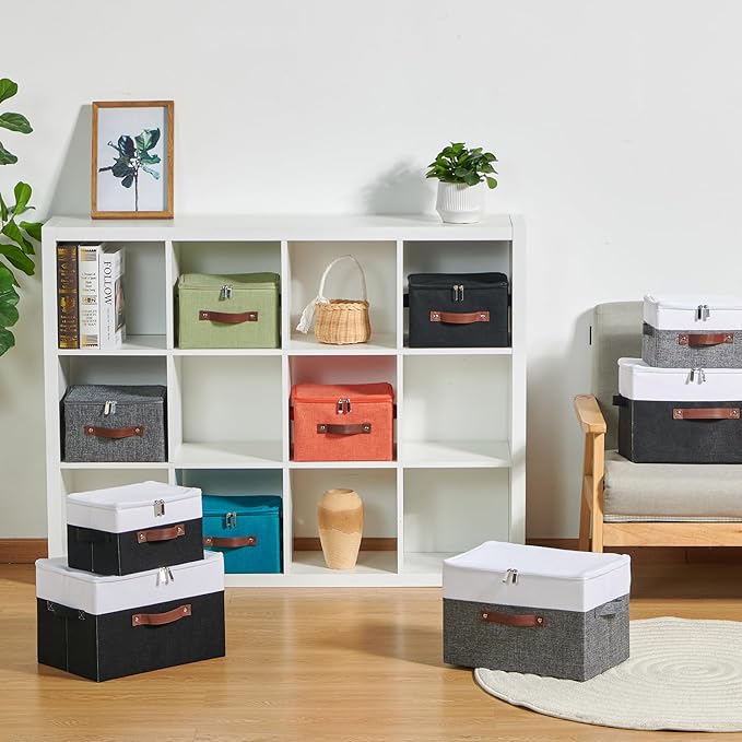 2 Pack Storage Boxes with Zipper Lid Cotton Linen Fabric Lidded Storage Bins Baskets Foldable Washable Closet Shelf Clothes Organizer Container Faux Leather Handles (Black White, Small)