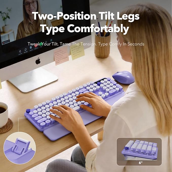 Wireless Keyboard and Mouse Combo with Detachable Magnetic Wrist Rest, Retro Typewriter-Style Keyboard, Round Keycaps, 3-Level DPI Ergonomic Mouse, 2.4GHz for Windows PC/Laptop (Lilac Purple)